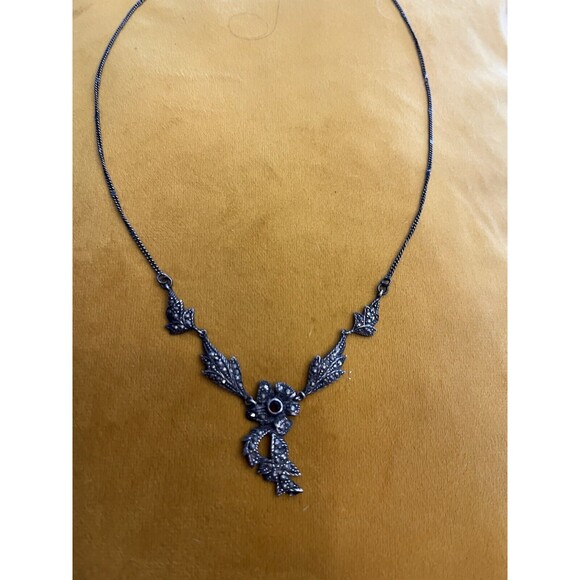 Sterling Silver Marcasite Garnet Flower Dangle Pendant Necklace 18.5” 9 Gram 925 - Picture 3 of 9